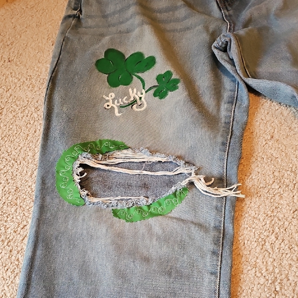 Hollister Women's Blue Boyfriend Jeans with Green Clover- St Patricks Day